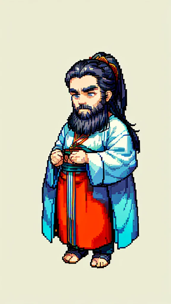 Old man in ancient Chinese costume、Wise Old Man、Looking into the camera、His hair is tied up in a bun、Only one topknot、Long sleeve、Hanfu、Black Hair、Stand and pose、Pixel art、(masterpiece, highest quality, highest quality), pixel,pixel art,whole body,Characters in Romance of the Three Kingdoms、Transform、(beard)、Short Deformation、Old man with long beard