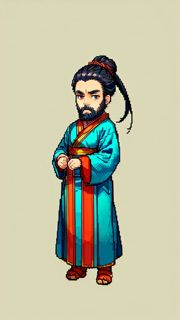 Old man in ancient Chinese costume、Wise Old Man、Looking into the camera、His hair is tied up in a bun、Only one topknot、Long sleeve、Hanfu、Black Hair、Stand and pose、Pixel art、(masterpiece, highest quality, highest quality), pixel,pixel art,whole body,Characters in Romance of the Three Kingdoms、Transform、(beard)、Short Deformation、Old man with long beard