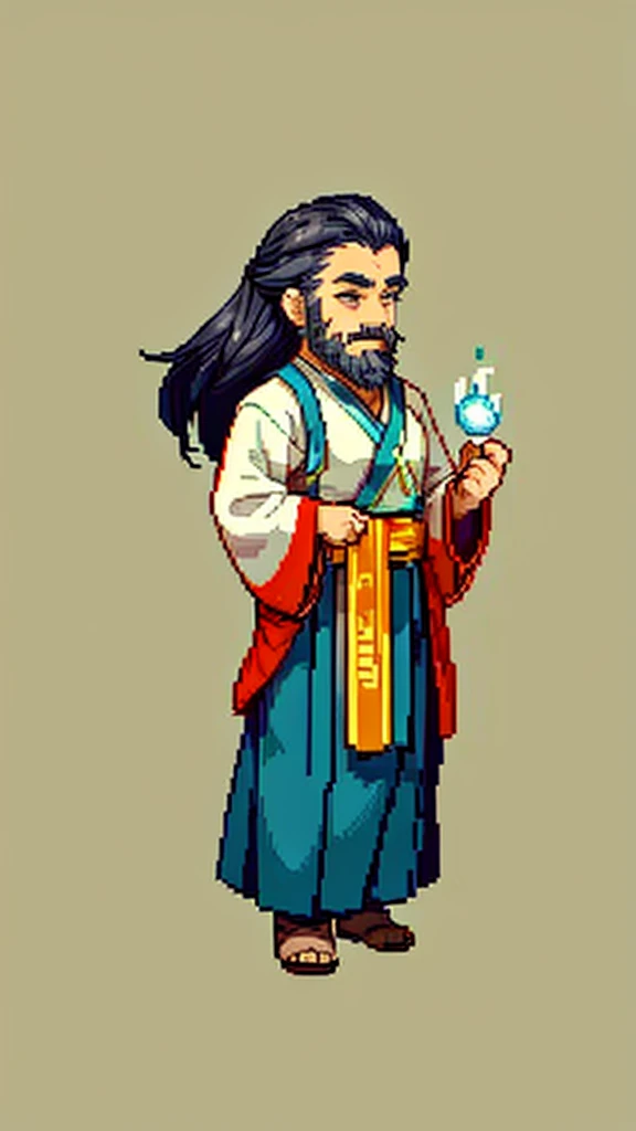 Old man in ancient Chinese costume、Wise Old Man、Looking into the camera、His hair is in a bun、Only one topknot、Long sleeve、Hanfu、Black Hair、Stand and pose、Pixel art、(masterpiece, highest quality, highest quality), pixel,pixel art,whole body,Characters in Romance of the Three Kingdoms、Transform、(beard)、Short Deformation、Old man with long beard