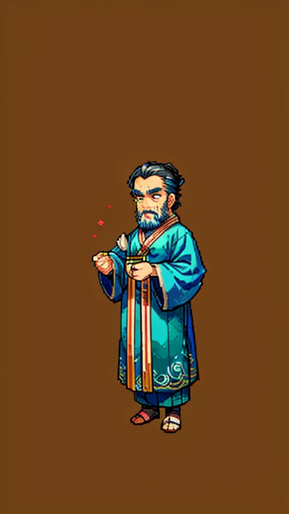 Old man in ancient Chinese costume、Wise Old Man、Looking into the camera、His hair is tied up in a bun、Only one topknot、Long sleeve、Hanfu、Black Hair、Stand and pose、Pixel art、(masterpiece, highest quality, highest quality), pixel,pixel art,whole body,Characters in Romance of the Three Kingdoms、Transform、(beard)、Short Deformation、Old man with long beard