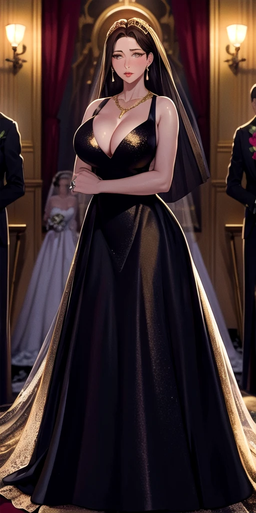masterpiece:1.5, best quality:1.5, aesthetic, 1girl, sidelocks, cinematic lighting, sharp focus,large breasts , mature female ,16k, glowing eyes, detailed 4k eyes,
playground,seduction,sexy lips, parted lips,detailed lips,
red lips, high detailed background, purple eyes, detailed face,shiny skin,solo
AuntJune, auntjunev2,single hair bun, brown hair, bangs,
, (black and golden wedding dress:1.6),jewelry, blush,,large breasts, cleavage,full body, long dress, flowers, bridal veil, (bridal gown:1.5),wedding, (golden viel),necklace, long earrings, wedding hall, multiple girls, multiple boys,