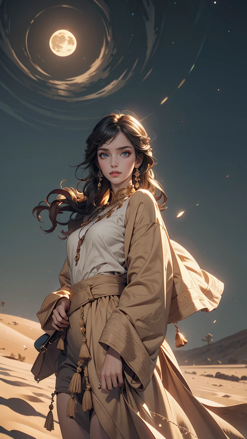 24 year old Caucasian female、long hair、Hair becomes wavy、Camel ride through the moonlit desert、Sand Dune Background