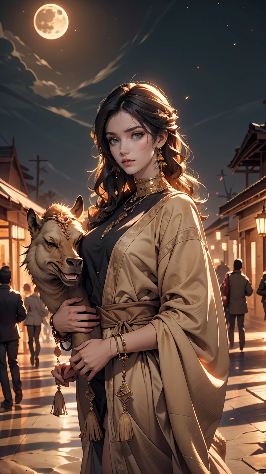 24 year old Caucasian female、long hair、Hair becomes wavy、Camel ride through the moonlit desert、Sand Dune Background