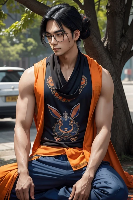asian men,Good looking,Long hair tied back on top of head,black hair,wearing square glasses,smart robot,Wear a blue tank top,Rabbit pattern in the middle of the shirt,There is an orange shawl.,Wear Indian pattern pants,Lie down on your chin.,Under the tree,Highly detailed images,High quality