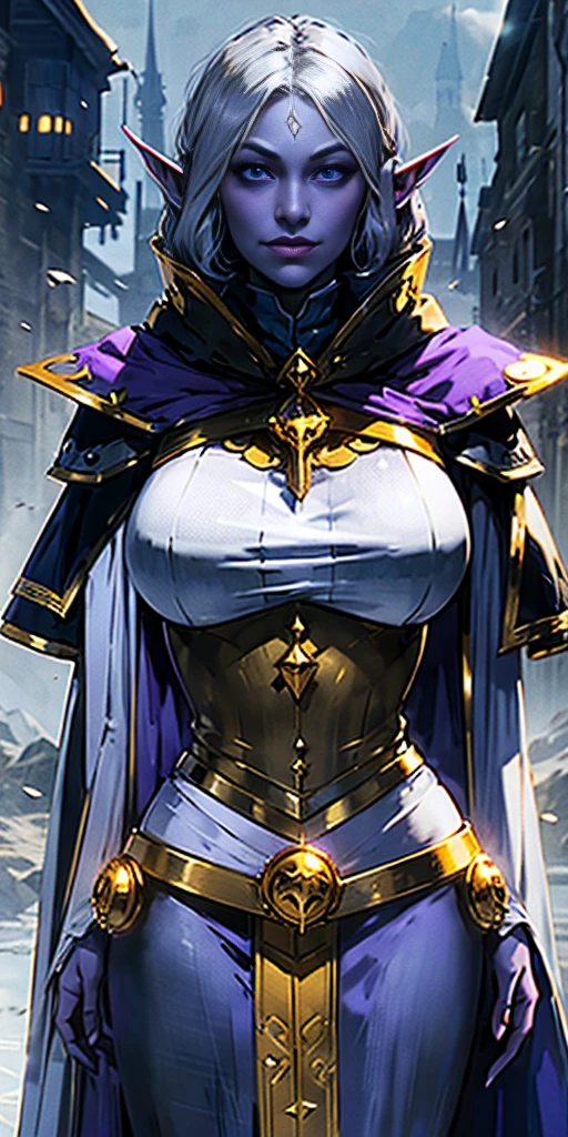 (Female drow elf chest covered very purple skin)(smile) pale golden hair and violet eyes. They prefer clothing of white and silver with cloaks of deep blue or purple, village background, huge knockers, ((very precise detailed)), ((high res)