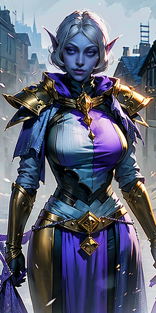 (Female drow elf chest covered very purple skin)(smile) pale golden hair and violet eyes. They prefer clothing of white and silver with cloaks of deep blue or purple, village background, huge knockers, ((very precise detailed)), ((high res)