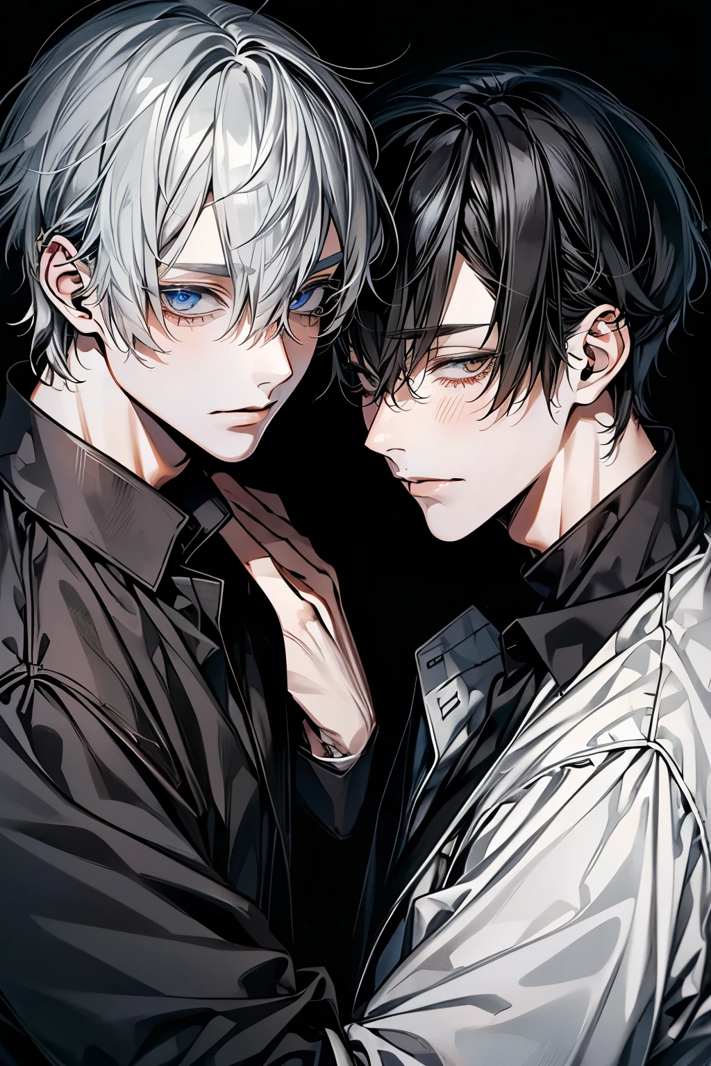 (Mastepiece), (Bestクォリティ), Very detailed, ((Two good friends:1.5)), Perfect Face, Beautiful Face, Very detailedな顔，(Black-haired man:1.3)，(Grey-haired man:1.3)、shirt、Best