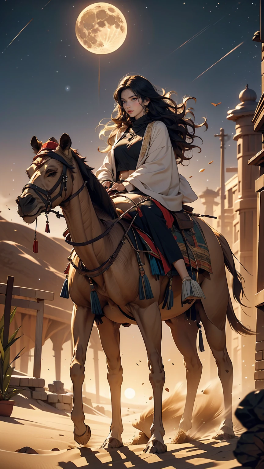 24 year old Caucasian female、long hair、Hair becomes wavy、Camel ride through the moonlit desert、Sand Dune Background