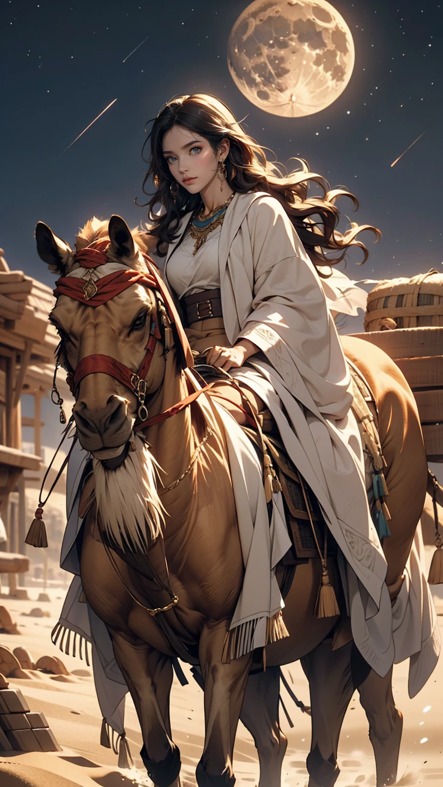 24 year old Caucasian female、long hair、Hair becomes wavy、Camel ride through the moonlit desert、Sand Dune Background