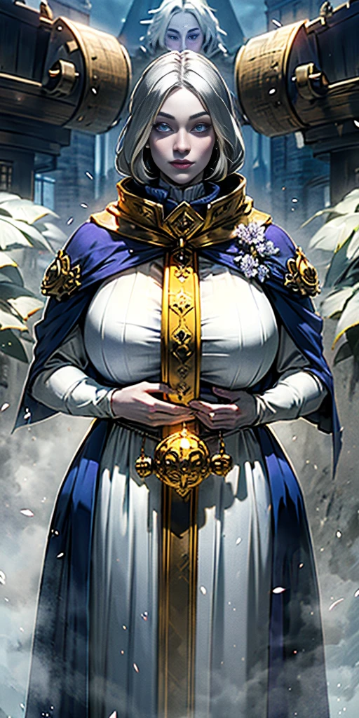 (Triplets)(chest covered)(smile)Gray skin, pale golden hair and violet eyes. They prefer clothing of white and silver with cloaks of deep blue or purple,village background, huge_knockers, ((very precise detailed)), ((highres)