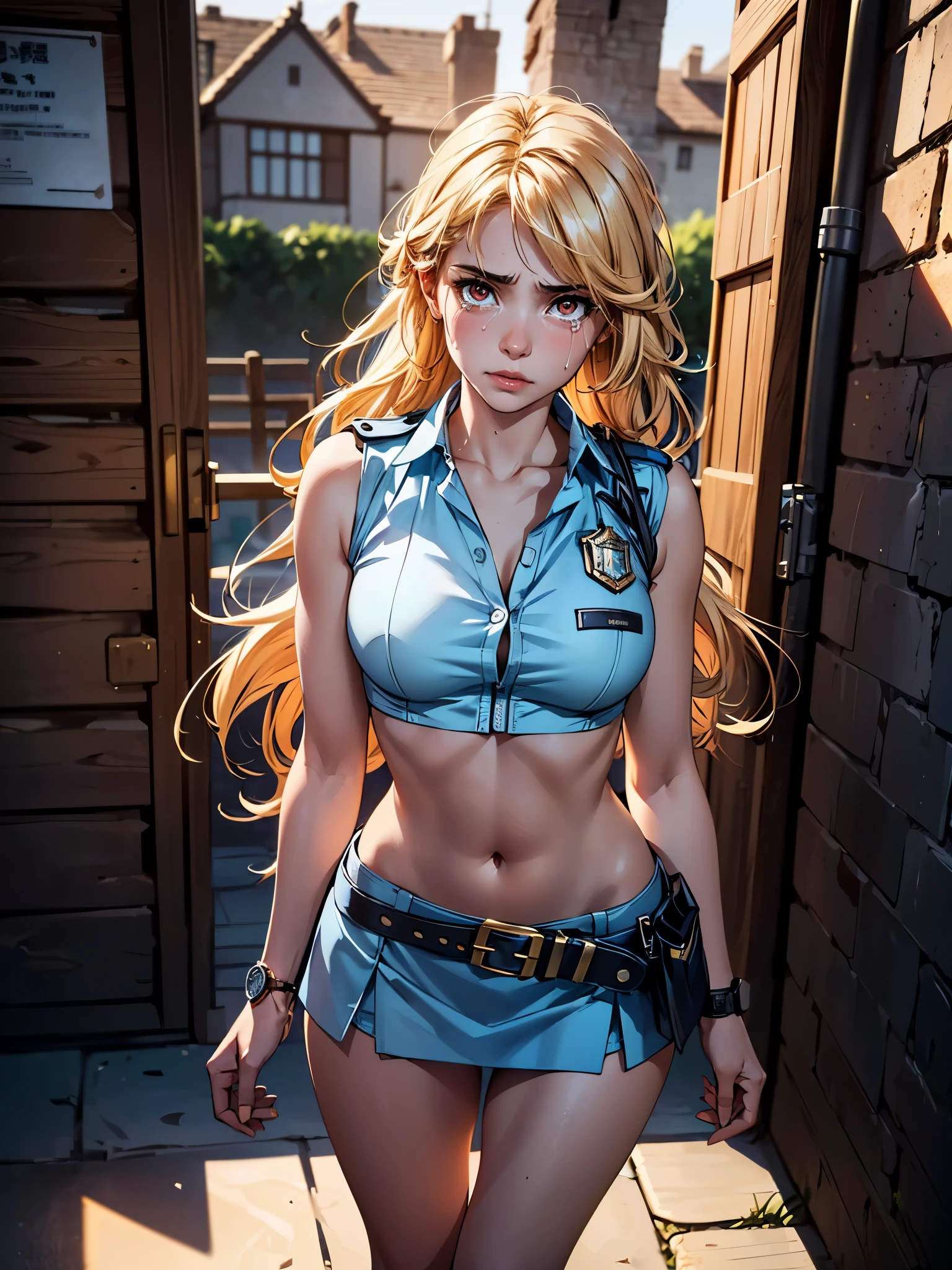((((one person)))),(((Perfect Anatomy, Very detailedな肌))), (((1 girl))), Japanese, Police Girl, Shiny skin, Small breasts:0.5, Are crying,(((Tears flowing))),avert your eyes, Beautiful Hair, Beautiful Face, Beautiful fine details, (A little long hair:0.1,), Blonde, bangs, Hair between the eyes, Red eyes, Beautiful clavicle, Beautiful body, Beautiful breasts, Beautiful thighs, Beautiful feet, Adult face, Mole under the eye, ((naked,Policewoman uniform, Light blue sleeveless shirt, Ultra mini skirt), Precision Belt, ((Precision Watches)), Navel exposed,Captivating thighs , 8k, highest quality, Masterpiece:1.2, Very detailed), (Realistic, photoRealistic:1.2), Beautiful illustrations, Cinema Lighting,Night Prison,Stone wall,(((front))),(((Are standing))),Cowboy Shot, Wide angle