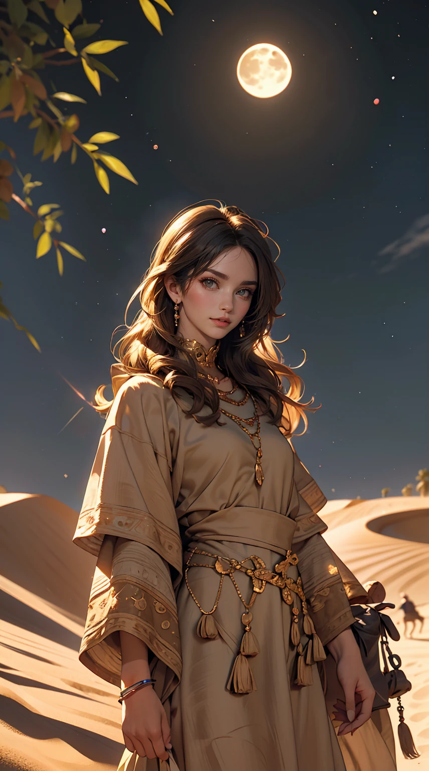 24 year old Caucasian female、long hair、Hair becomes wavy、Camel ride through the moonlit desert、Sand Dune Background