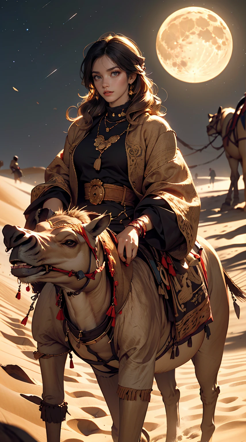 24 year old Caucasian female、long hair、Hair becomes wavy、Camel ride through the moonlit desert、Sand Dune Background