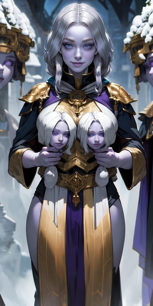 Black Woman as Sorceress, defined muscles, ((bright white hair)), athletic build, tight costume, highly detailed, sexy revealing lots of skin, large breasts, ((casting a spell)), ((wearing purple gold cape), ((wearing purple gold cloak)), ((boobs mostly uncovered)), (((huge sigillum aemeth)))