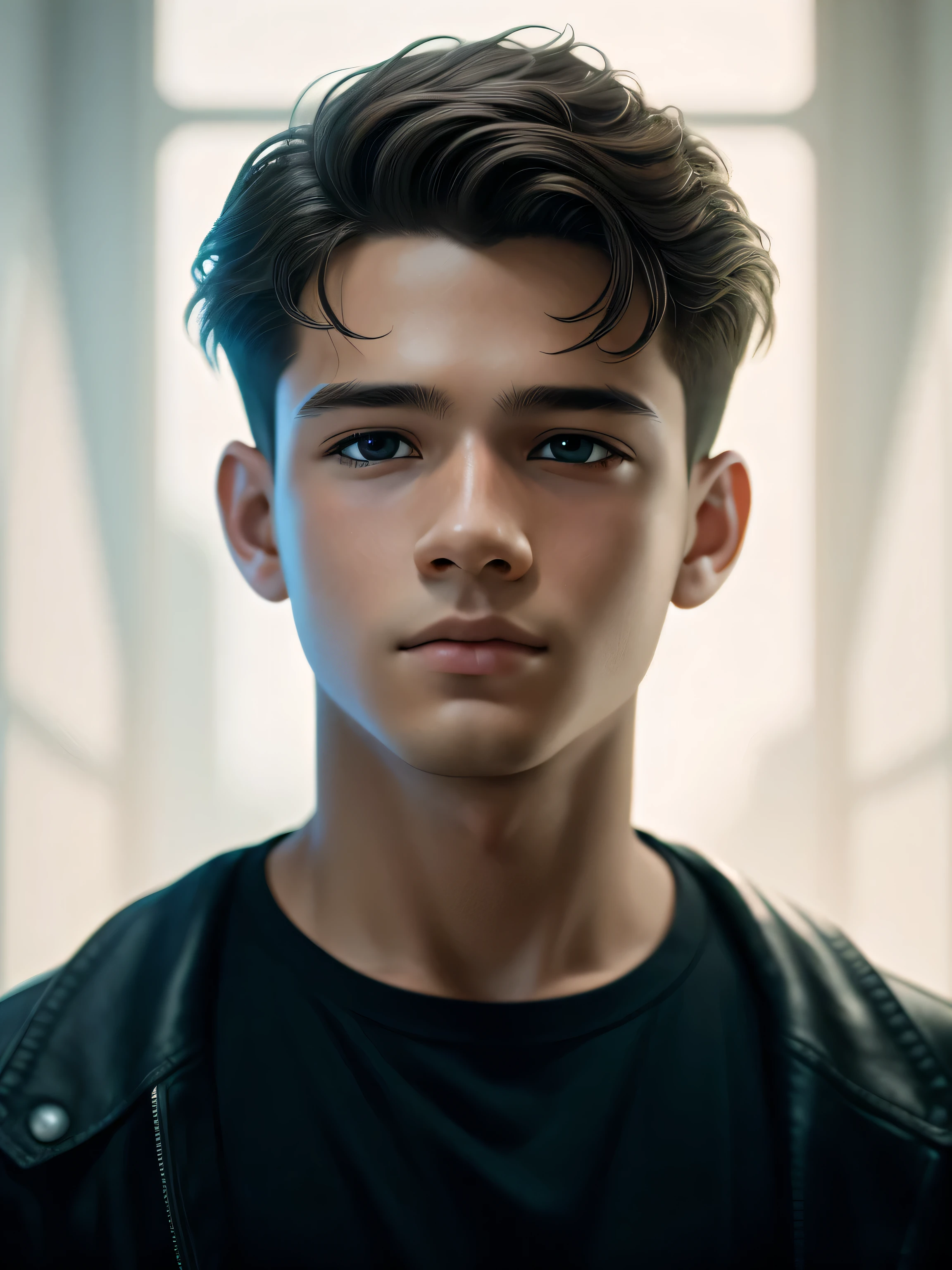 extremely detailed face, masterpiece, realistic, best quality, photorealistic, 8k, high res, standing, (looking at camera), casual clothes, boy 16 years old, short wavy hair, by lee jeffries nikon D850 film stock photography 4 kodak camera portra 400 lens f1. 6 saturated colors hyper realistic texture dramatic lighting irrealengine trending on artstation cinestill 800, (((full body))), (((young man)))), (((adolescent))))