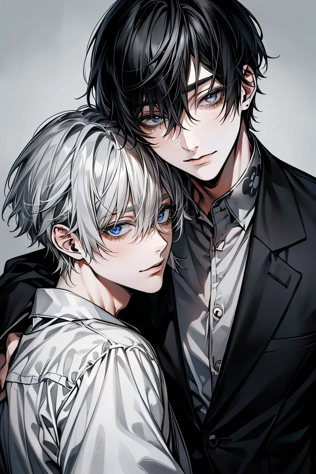 (Mastepiece), (Bestクォリティ), Very detailed, ((Two good friends:1.5)), Perfect Face, Beautiful Face, Very detailedな顔，(Black-haired man:1.3)，(Grey-haired man:1.3)、shirt、Best