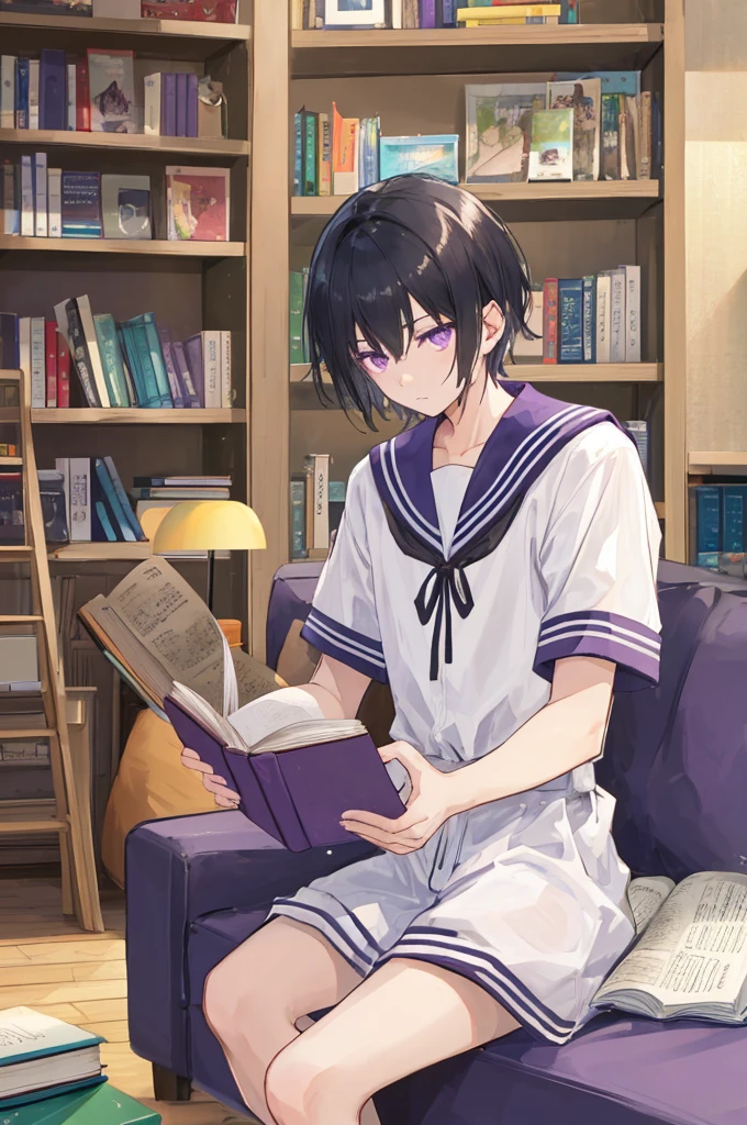 ((man)),Mature,university student,Black short hair,Hime cut,Purple Eyes,White sailor suit,Short sleeve,living room,Sitting,Looking down at a book,Gentle,