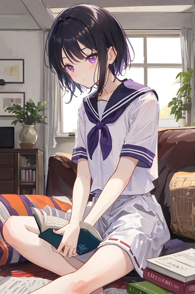 ((man)),Mature,university student,Black short hair,Hime cut,Purple Eyes,White sailor suit,Short sleeve,living room,Sitting,Looking down at a book,Gentle,