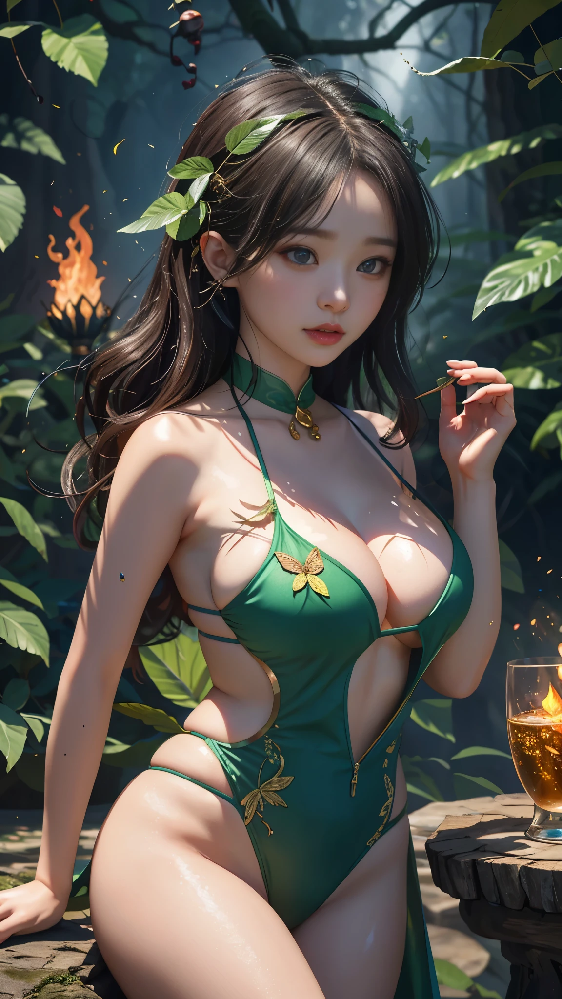 Fantasy in a lot of glass, Illuminate the night,"Exquisite Rose, Nice slime,animal, shineing little mushrooms surrounded by 繊細なleaf and branches, 以及fire Fly和发光粒子效果, girl", (Natural elements), (Jungle theme), (leaf), (branch), (fire Fly), butterfly, (繊細なleaf), (shine), (Particle Effects), Surreal, Very detailed, Dramatic Lightning, 4K, On the table, Swimwear,  (((Big Breasts))), from front,