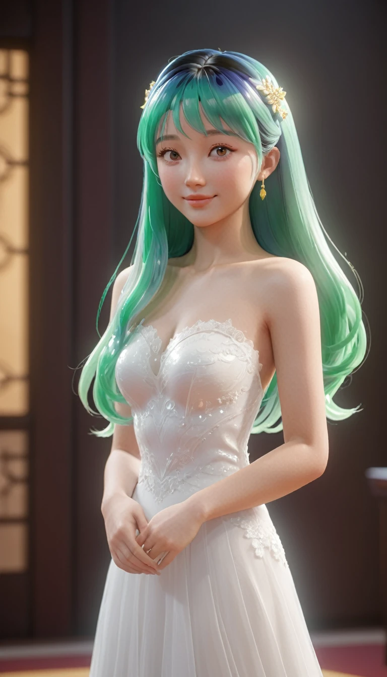 lum,(masterpiece, best quality:1.2), 1girl, jade hair，solo,front view，in wedding dress:2，smile ,realistic，3d，Unreal Engine 5，skin texture，stand pose，anatomical correct：2，fullbody：2