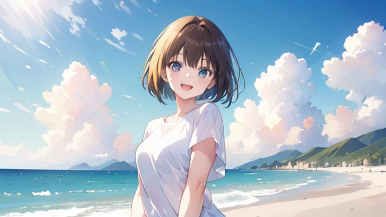 (masterpiece, highest quality, highest quality, Official Art, beautifully、beautiful:1.2), 1 girl,Daytime,blue sky,Sandy Beach,Cute older sister,Short sleeve,Upper Body,front,Bob Hair,Hair color: Brown,Open mouth smiling,visible from head to legs,whole body,Gazing into the distant sky