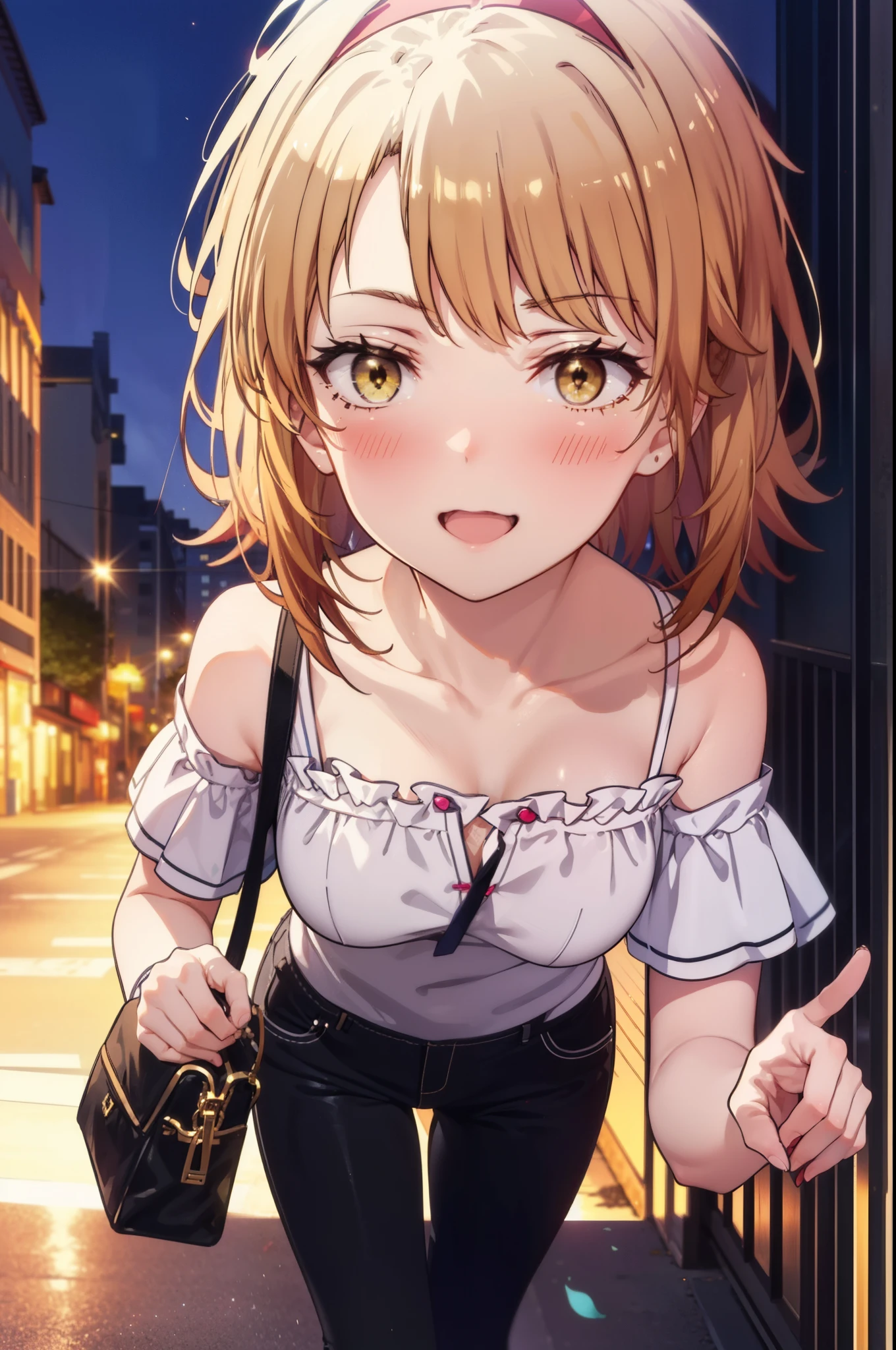 irohaisshiki, iroha isshiki, short hair, Brown Hair, (Brown eyes:1.5),happy smile, smile, Open your mouth,ponytail,short braided hair band,Cord off-shoulder top,Short sleeve,skinny pants,Stiletto heels,Sunset,evening,The sun is setting,Walking,whole bodyがイラストに入るように,Looking down from above,Holding a Chanel bag in her right hand,
break outdoors,In town,Building district,
break looking at viewer, whole body,
break (masterpiece:1.2), highest quality, High resolution, unity 8k wallpaper, (shape:0.8), (Beautiful details:1.6), Highly detailed face, Perfect lighting, Extremely detailed CG, (Perfect hands, Perfect Anatomy),