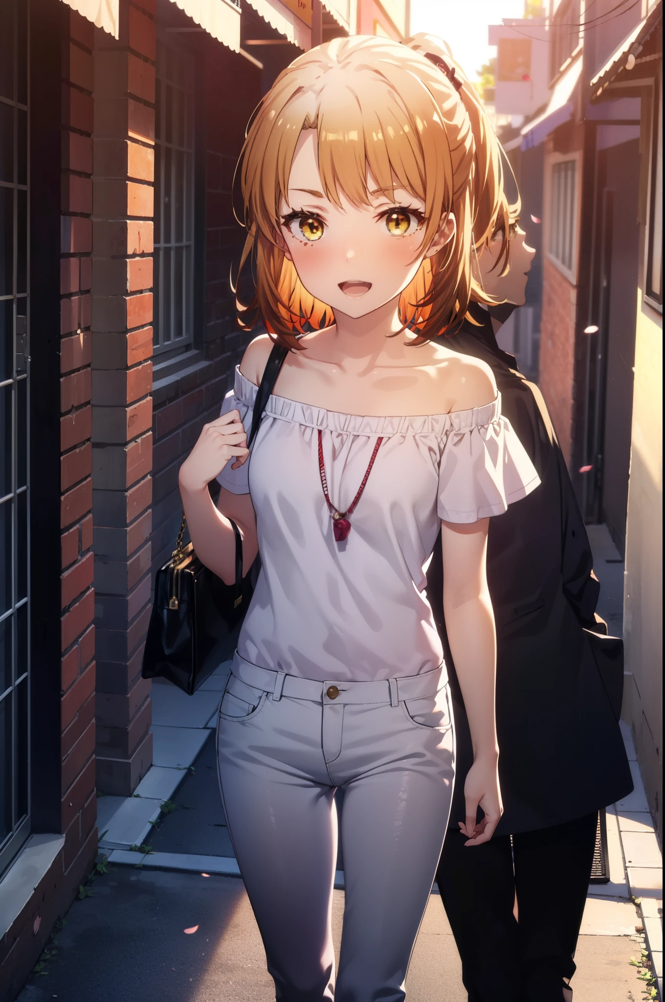 irohaisshiki, iroha isshiki, short hair, Brown Hair, (Brown eyes:1.5),happy smile, smile, Open your mouth,ponytail,short braided hair band,Cord off-shoulder top,Short sleeve,skinny pants,Stiletto heels,Sunset,evening,The sun is setting,Walking,whole bodyがイラストに入るように,Looking down from above,Holding a Chanel bag in her right hand,
break outdoors,In town,Building district,
break looking at viewer, whole body,
break (masterpiece:1.2), highest quality, High resolution, unity 8k wallpaper, (shape:0.8), (Beautiful details:1.6), Highly detailed face, Perfect lighting, Extremely detailed CG, (Perfect hands, Perfect Anatomy),