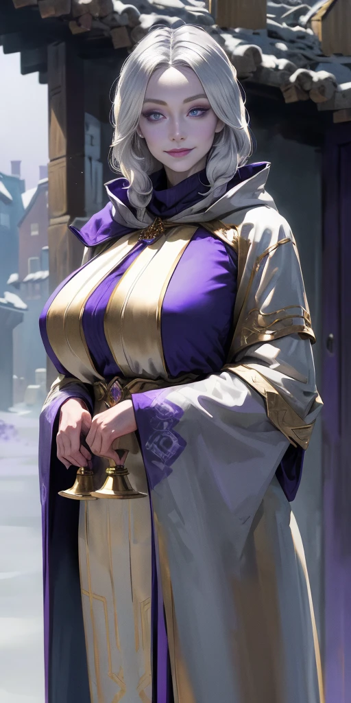 (Triplets)(chest covered)(smile)Gray skin, pale golden hair and violet eyes. They prefer clothing of white and silver with cloaks of deep blue or purple,village background, huge_knockers, ((very precise detailed)), ((highres)