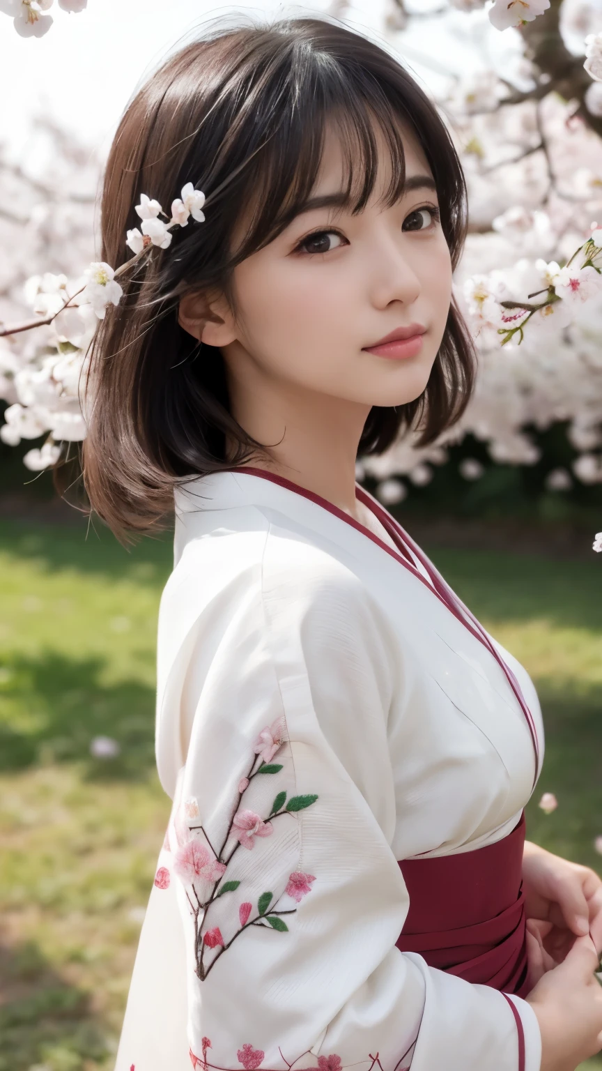 (logo、masterpiece、8k、Tabletop、RAW Photos、wonderful、最high quality、8k wallpaper that integrates photorealistic and high-definition CG、high quality、Very detailed、narrative poem、Particle Effects、Dynamic Effects、Depth of written boundary、Cinematic Light、Lens flare、Ray Tracing)、Fantasy、 (1 beauty、White kimono、Japanese clothing、White cherry blossom pattern、White cherry blossom embroidery pattern、Black-haired、Beautiful Face、True Face、Beautiful details、eye、Beautiful Skin)、Hair flutters in Wind、Hair bounces、Pink cherry blossom tree、Petals flutter、SakuraFubuki、wonderful景色、Morning Glow、Sun in the background、Wind、god々、tooth、god話、Vast land、