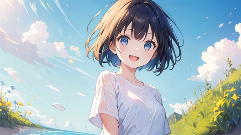 (masterpiece, highest quality, highest quality, Official Art, beautifully、beautiful:1.2), 1 girl,Daytime,blue sky,Sandy Beach,Cute older sister,Short sleeve,Upper Body,front,Bob Hair,Hair color: Brown,Open mouth smiling,visible from head to legs,whole body,Gazing into the distant sky