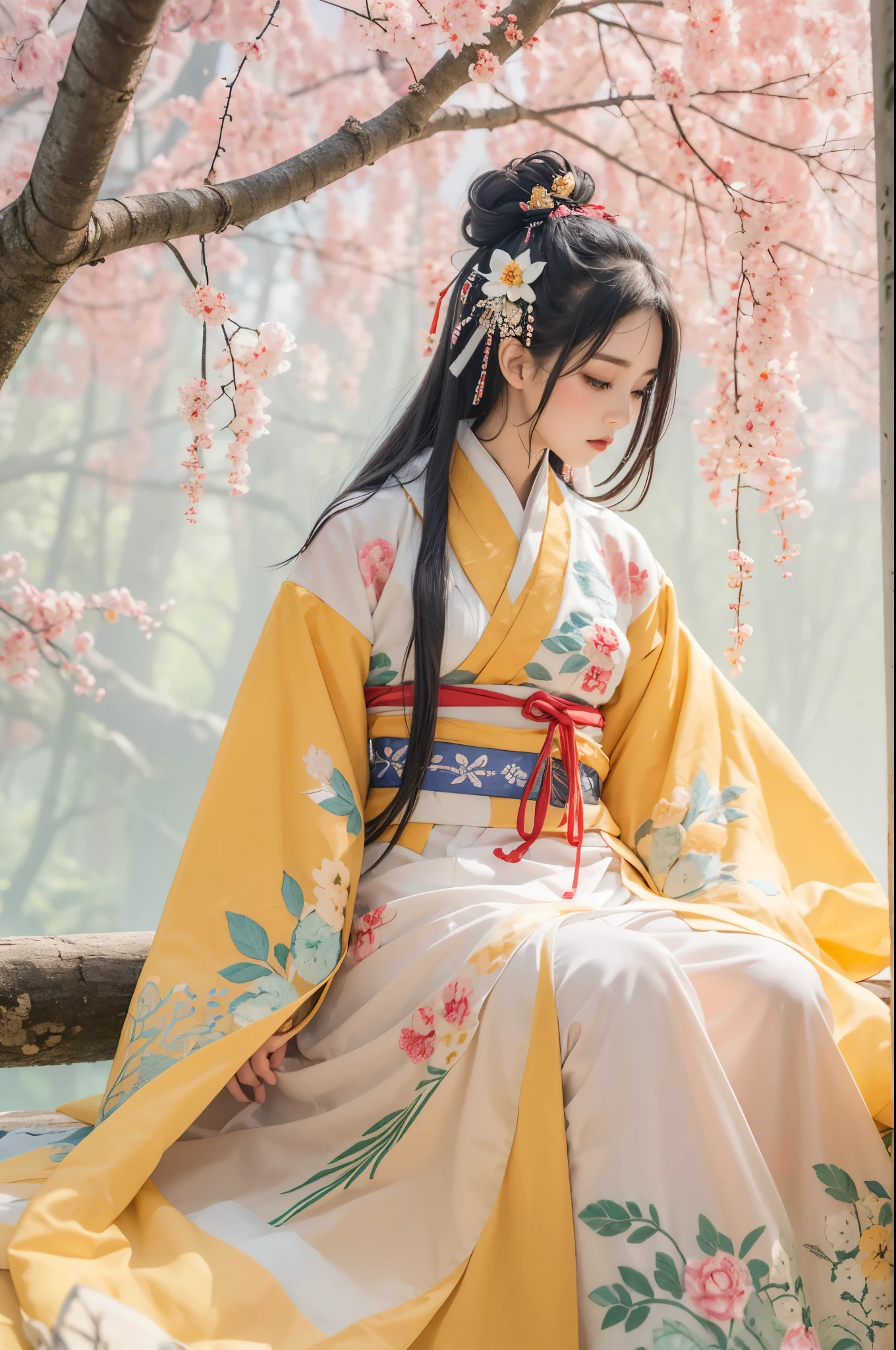 Best quality，masterpiece，Real photography，Official Art，Perfect girl，Professional photography，Photographic pose，Embroidered Hanfu