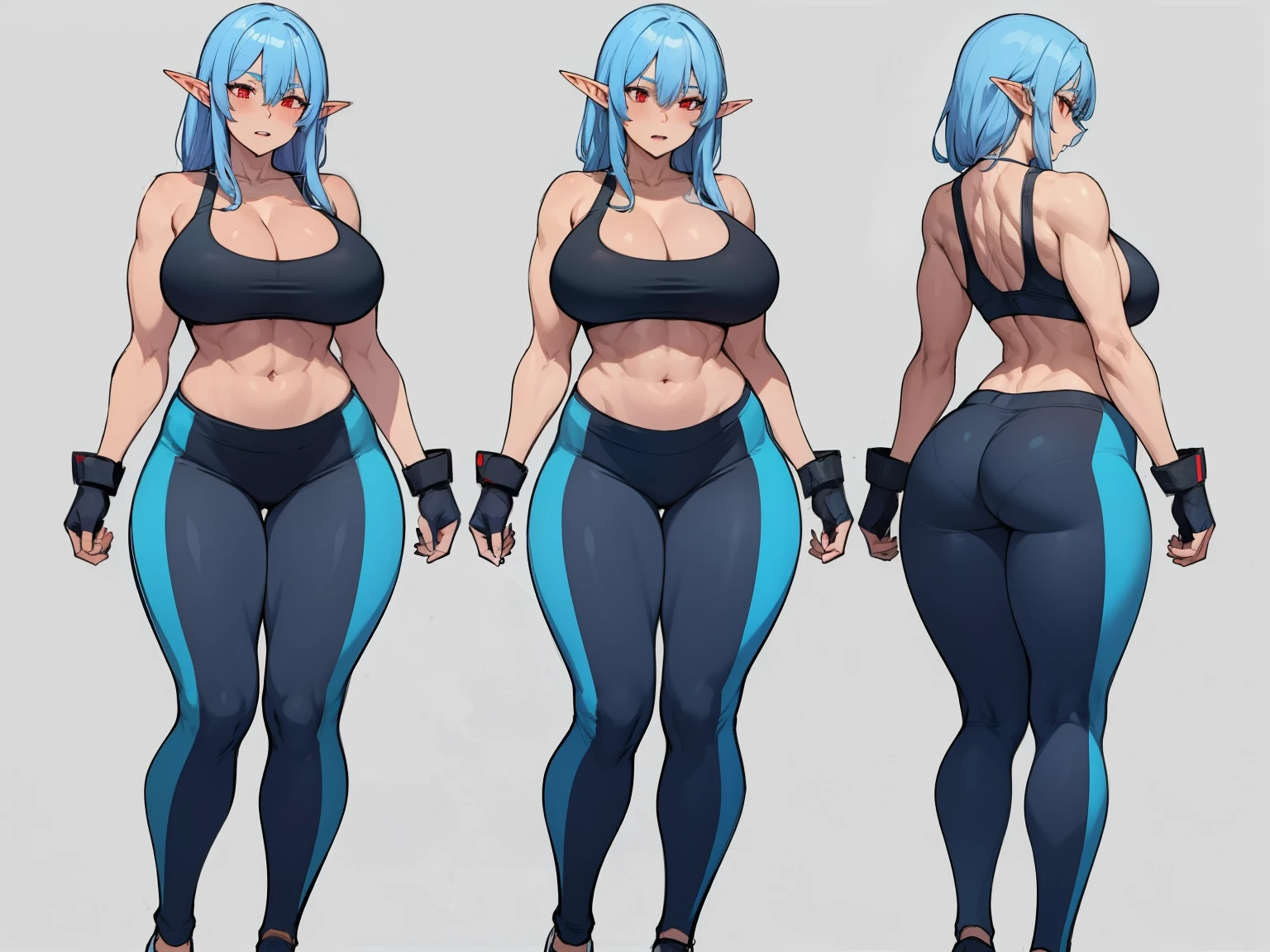 Dark elf woman, dark skin, red eyes, blue hair, fangs, huge breasts, long muscular shapely legs, combat gloves, tight sports bra, tight lycra pants, 8k, hd, masterpiece, white background, full body, character design sketch in various perspectives, rear, front, 3 /4, profile