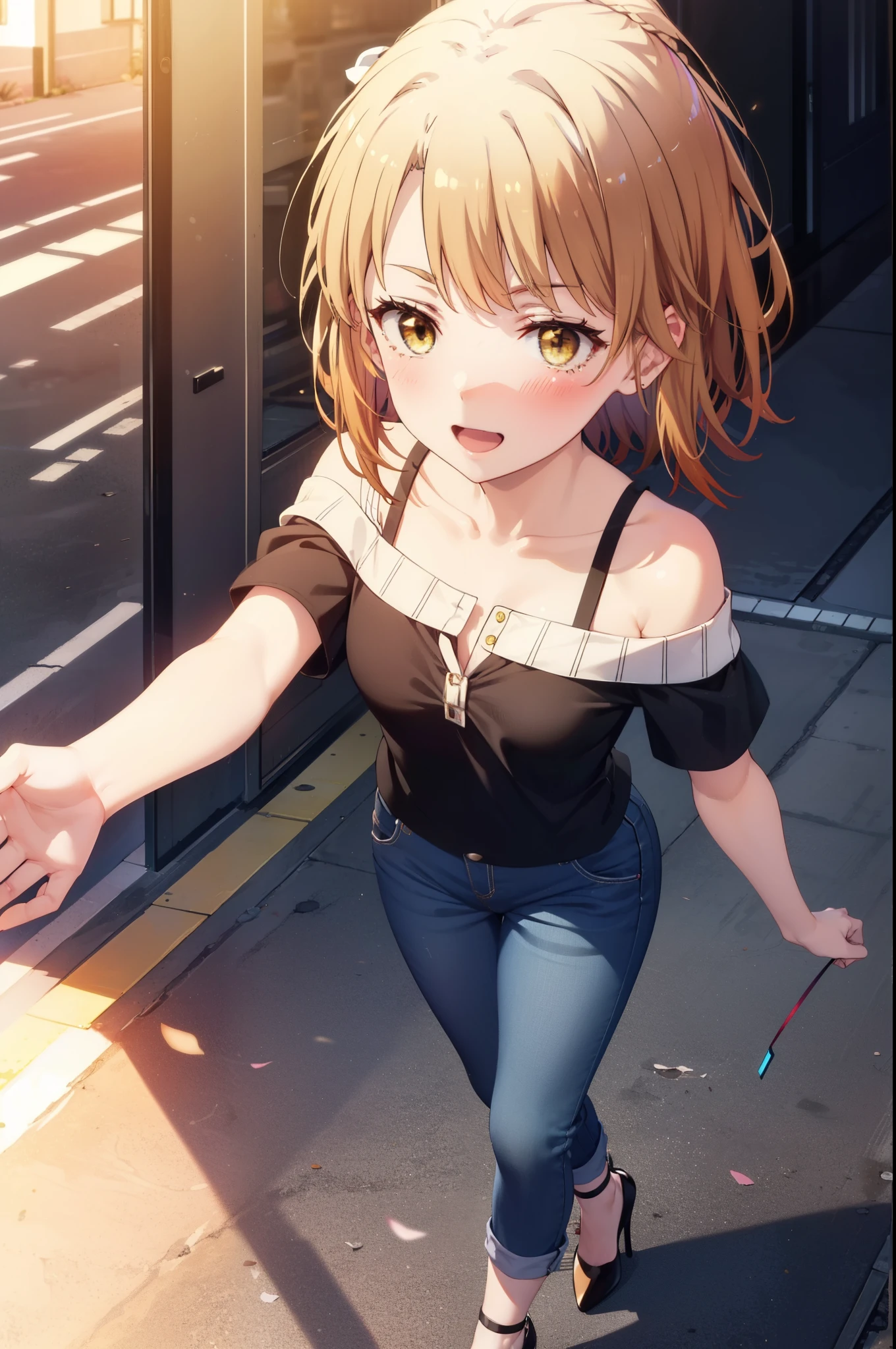 irohaisshiki, iroha isshiki, short hair, Brown Hair, (Brown eyes:1.5),happy smile, smile, Open your mouth,ponytail,short braided hair band,Cord off-shoulder top,Short sleeve,skinny pants,Stiletto heels,Sunset,evening,The sun is setting,Walking,whole bodyがイラストに入るように,Looking down from above,Holding a Chanel bag in her right hand,
break outdoors,In town,Building district,
break looking at viewer, whole body,
break (masterpiece:1.2), highest quality, High resolution, unity 8k wallpaper, (shape:0.8), (Beautiful details:1.6), Highly detailed face, Perfect lighting, Extremely detailed CG, (Perfect hands, Perfect Anatomy),