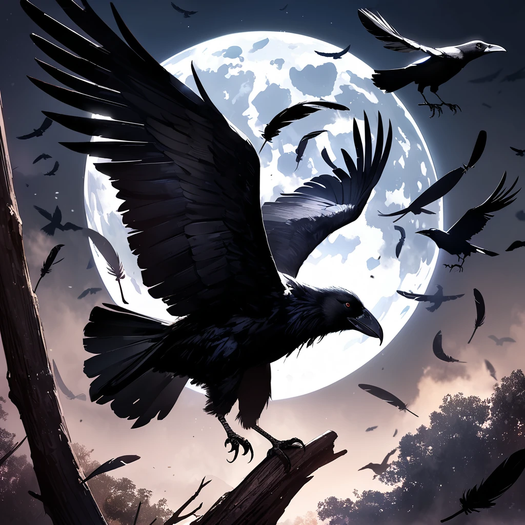highest quality,4K,8k,High resolution,masterpiece:1.2,Super detailed,Realistic:1.37,((Crow)),dark,intense,Unlucky,feather,Sharp beak,Sharp Eye,black glossy feather,Majestic Wings,Perched on a branch,Silhouette Against the Moon,Moonlight casts shadows,Eerie glow,Dramatic lighting,Crow in flight,close-up of feather,Crow's Landing,full moon,Moonlit Night,Unforgettable atmosphere,Contrast and texture,Vibrant colors,contrast between black feather and moonlight