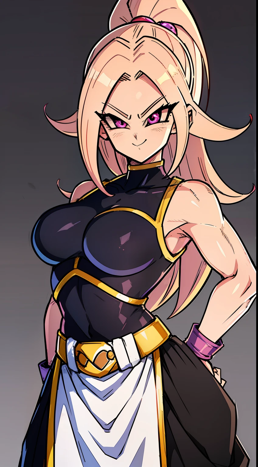 (high-quality, breathtaking),(expressive eyes, perfect face) Symmetrical Eyes, portrait, dragon ball z xenoverse 2, 1girl, female, alien, Majin Race, FMajin, Female Majin Buu, (pink skin:1.1), bubblegum pink skin color, red colored skin, smiling,(black sclera:1.2), red eyes, tentacle hair, black baggypants, belt, alien, M, shoulder holes, standing, no nose, grey background, medium cute length hair, wavy hair, hair between eyes, DBZ Saiyan armor, white armor, blue shirt, b4ttl3, saiyan armor
