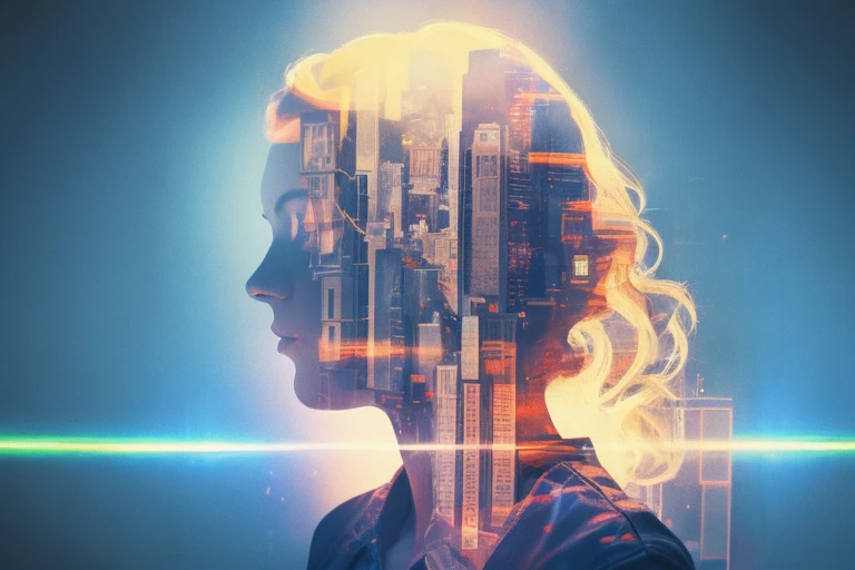 Mecha Girl Avatar,未来的なVirtual Holographic Digital Imageの背景,(Double Exposure:1.8),Intricate illustrations in a surrealist art style,Surreal dreams,Become an invisible virtual hologram,Transparent Person々,Virtual Holographic Digital Image