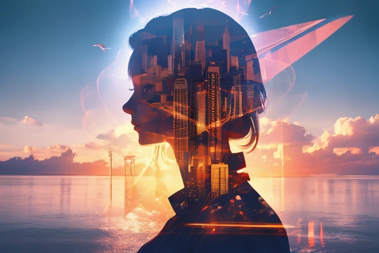 Mecha Girl Avatar,未来的なVirtual Holographic Digital Imageの背景,(Double Exposure:1.8),Intricate illustrations in a surrealist art style,Surreal dreams,Become an invisible virtual hologram,Transparent Person々,Virtual Holographic Digital Image