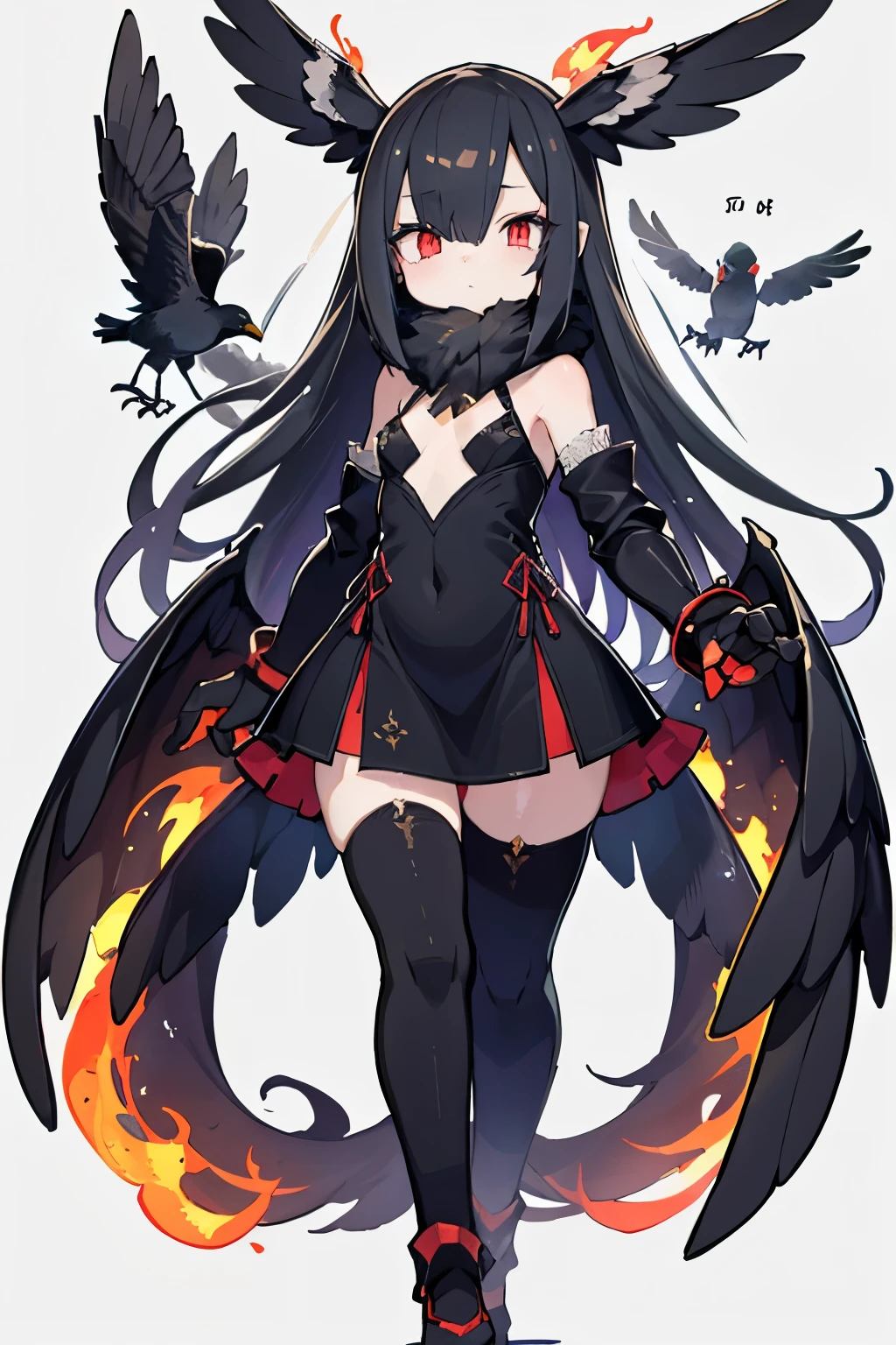 girl,Long Black Hair,masterpiece, highest quality, Super detailed, Downcast eyes,Tabletop, highest quality), (Perfect athletic body:1.2),8K High Resolution, Trend Art Station, White Background, Standing in the Wilderness,whole body、Equipped with Crow Gauntlets、Small breasts、, As if smoke and shadows were given shape, Wings made from giant crows, Dancing crow feathers, Many glowing red eyes, Shadow Claw, Supernatural Lightning and Fire, ((Eight-pointed star symbol)), 8K High Resolution, Trend Art Station, White Background, whole body,Jet black feather dress、A vortex of countless red-eyed crows