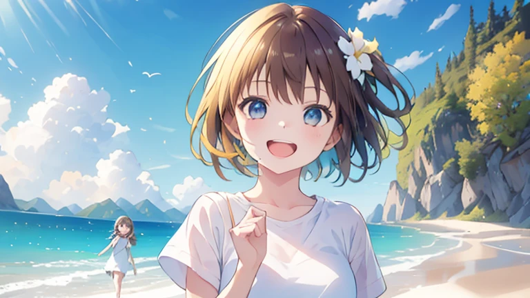 (masterpiece, highest quality, highest quality, Official Art, beautifully、beautiful:1.2), 1 girl,Daytime,blue sky,Sandy Beach,Cute older sister,Short sleeve,Upper Body,front,Bob Hair,hair color: Brown,Laughing with mouth open,I can see from head to toe,whole body,While looking up at the distant sky