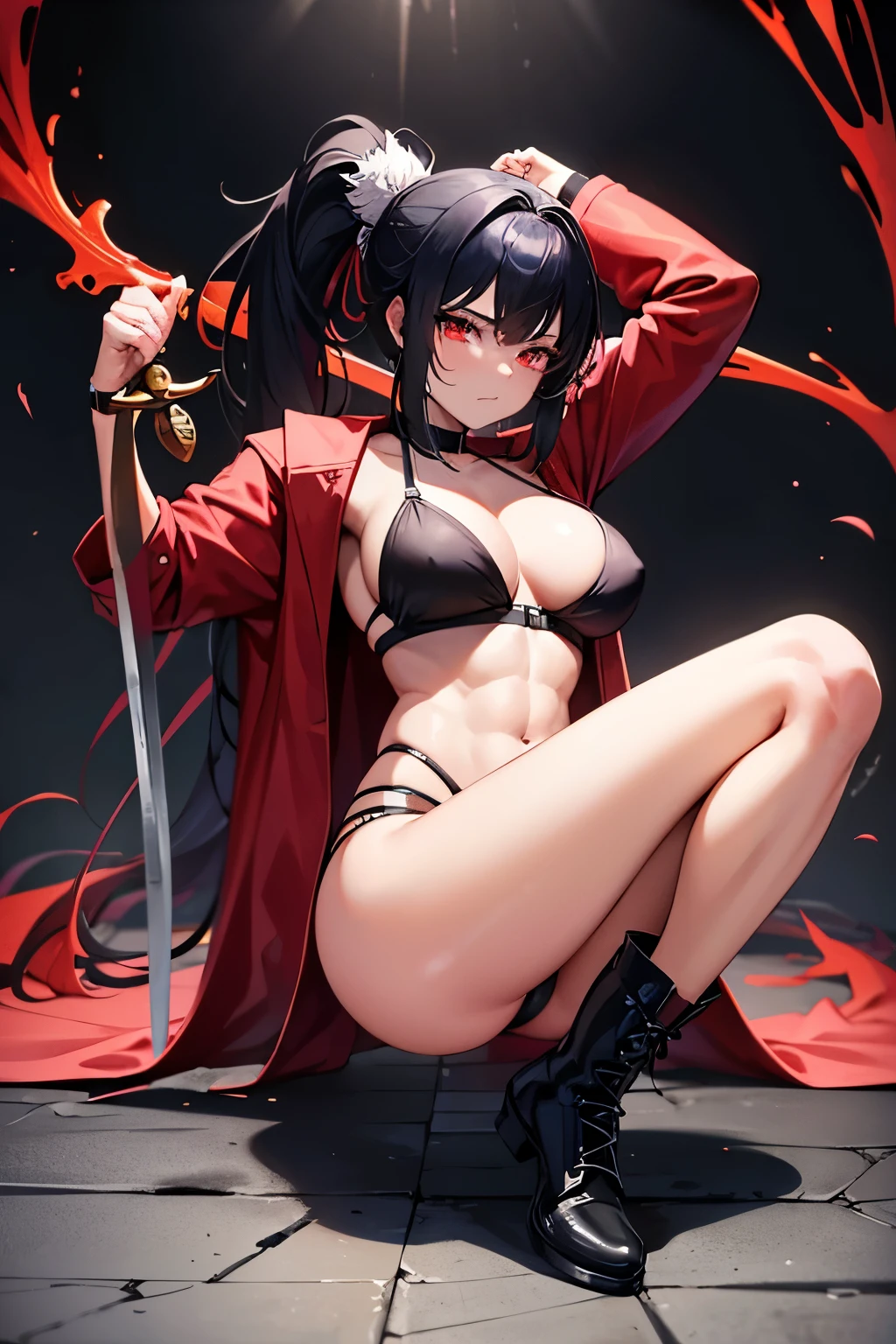 25 year old adult female, toned muscles, medium length black hair, messy hair in a ponytail, red eyes, tan skin, feral warrior aesthetic, wearing combat boots, full body, in the style of Bleach anime, large breasts, carrying a sword, Shinigami robes