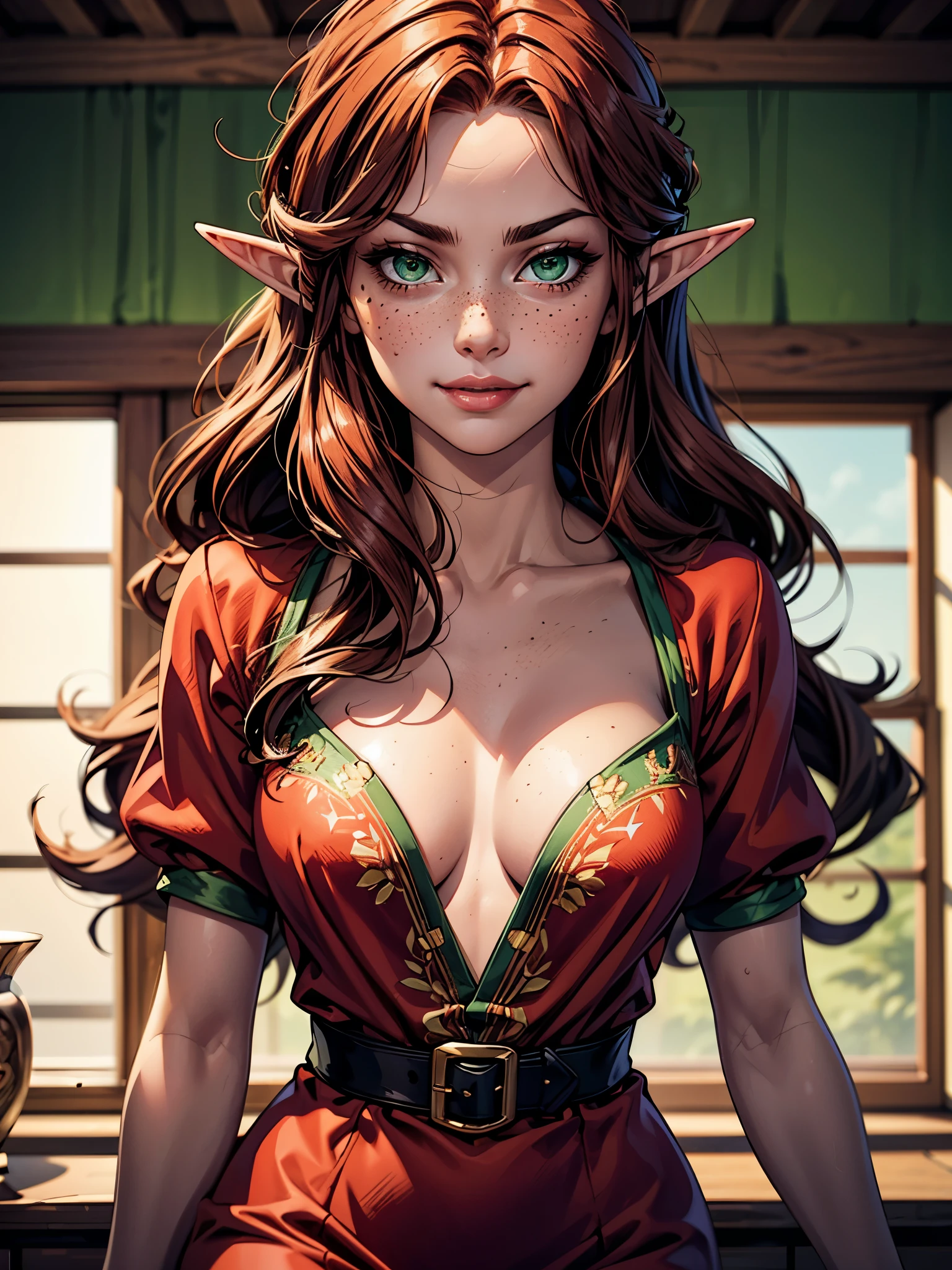 woman, (mature:1.3), tall, busty, elf ears, Fiery auburn hair, curly hair, freckles, green eyes, medium breasts, red-tinted skin, seductive, staring down at viewer, embroidered dress