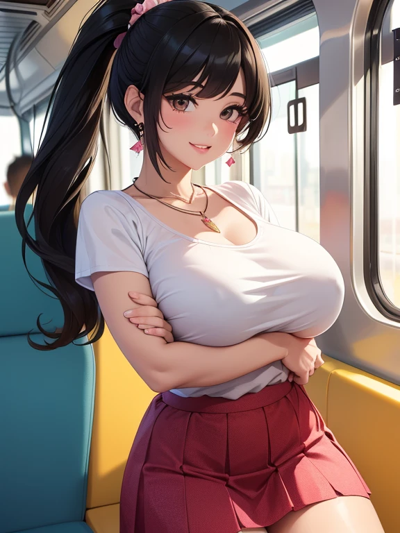 ((masterpiece)), ((best quality)), (ultra-detailed), ((kawaii)), cute, (lovely), ((sexy)), ((extremely detailed)), 4K, (8K), best quality, (beautiful), in the middle, on the train, daytime, summer, a pretty woman, solo, miniskirt, beautiful black hair, beautiful brown eyes, ((beautiful eyes)), white-skinned,long ponytail, swept bangs,lip, large breast, earrings, necklace, smile,parted lips,standing