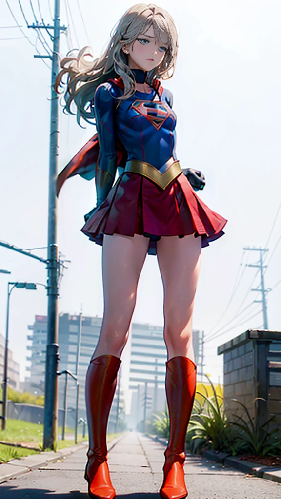 (whole body), (masterpiece:1.2), (Highest_quality:1.2), (Ultra_detailed:1.3), 8k,Low Angle，From below，1 girl，solo，Big ass girl, Frustrated face，Glare，Watch the audience，Mid-chest, barefoot，Red long boots，3D Rendering,( Supergirl)， Long Hair, Grey Hair, Blue eye patch,Red Skirt，The skirt is short,，A blue leotard is visible under the skirt.，The skirt is blown away by the wind，Red Cape，gloves，Simple Background，White Background，(STANDING BY WOODEN POLE)，Iron Collar, Put your arms behind your back, Iron Cuffs, bondage, bound,