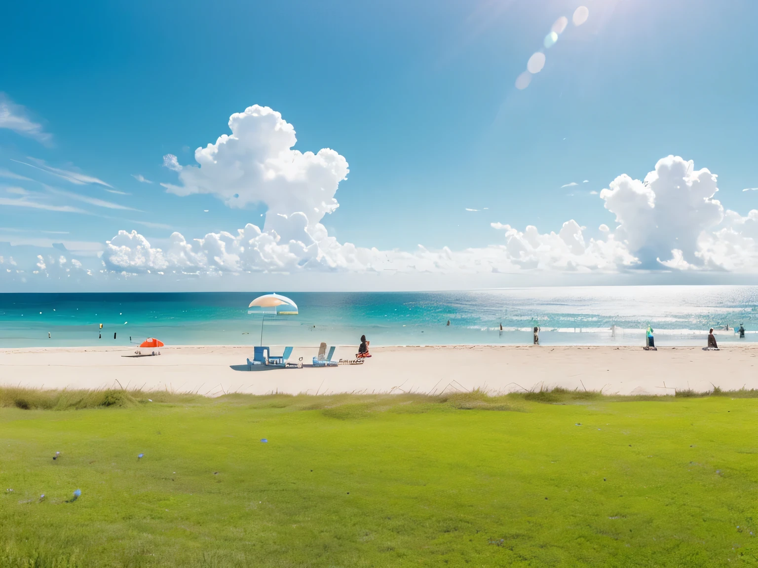 ocean，grassland，Beach，Parasols，outdoor，Big scene，reality，Leisure，White clouds and blue sky，Natural Style，