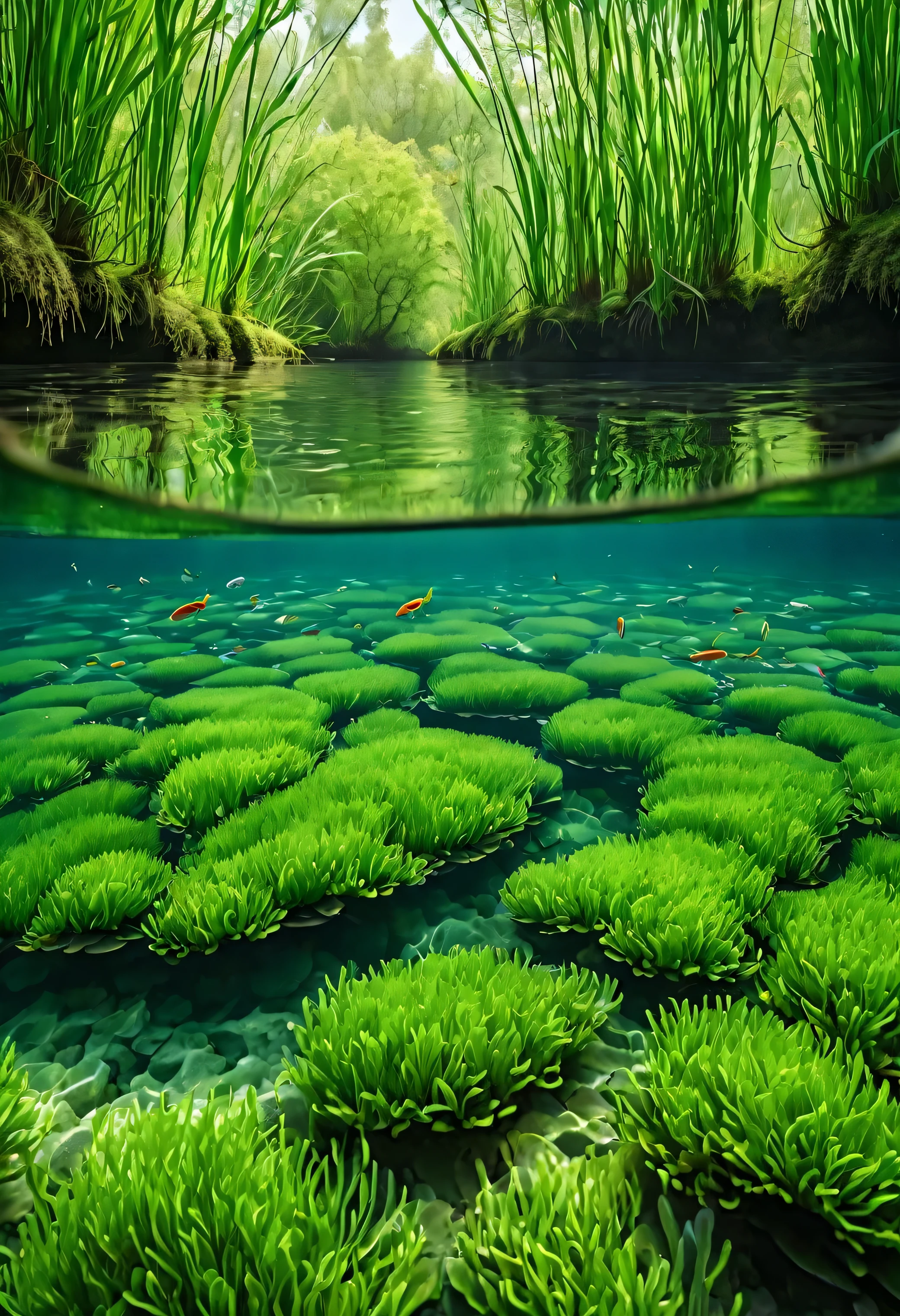 a photoPractical scene of a river with fresh clean water, A unique marine fish that swims underwater, The surrounding area is full of lush green algae and tall reeds., River cross section,Trees line both sides of the river, (best quality,4k,8K,High resolution,masterpiece:1.2),Extremely detailed,(Practical,photoPractical,photo-Practical:1.37),Detailed underwater scenes,stunning Practical lighting,Dynamic underwater composition,Dramatic water reflections,Complex fish anatomy,Vibrant green algae,detailed foliage,tranquil natural setting