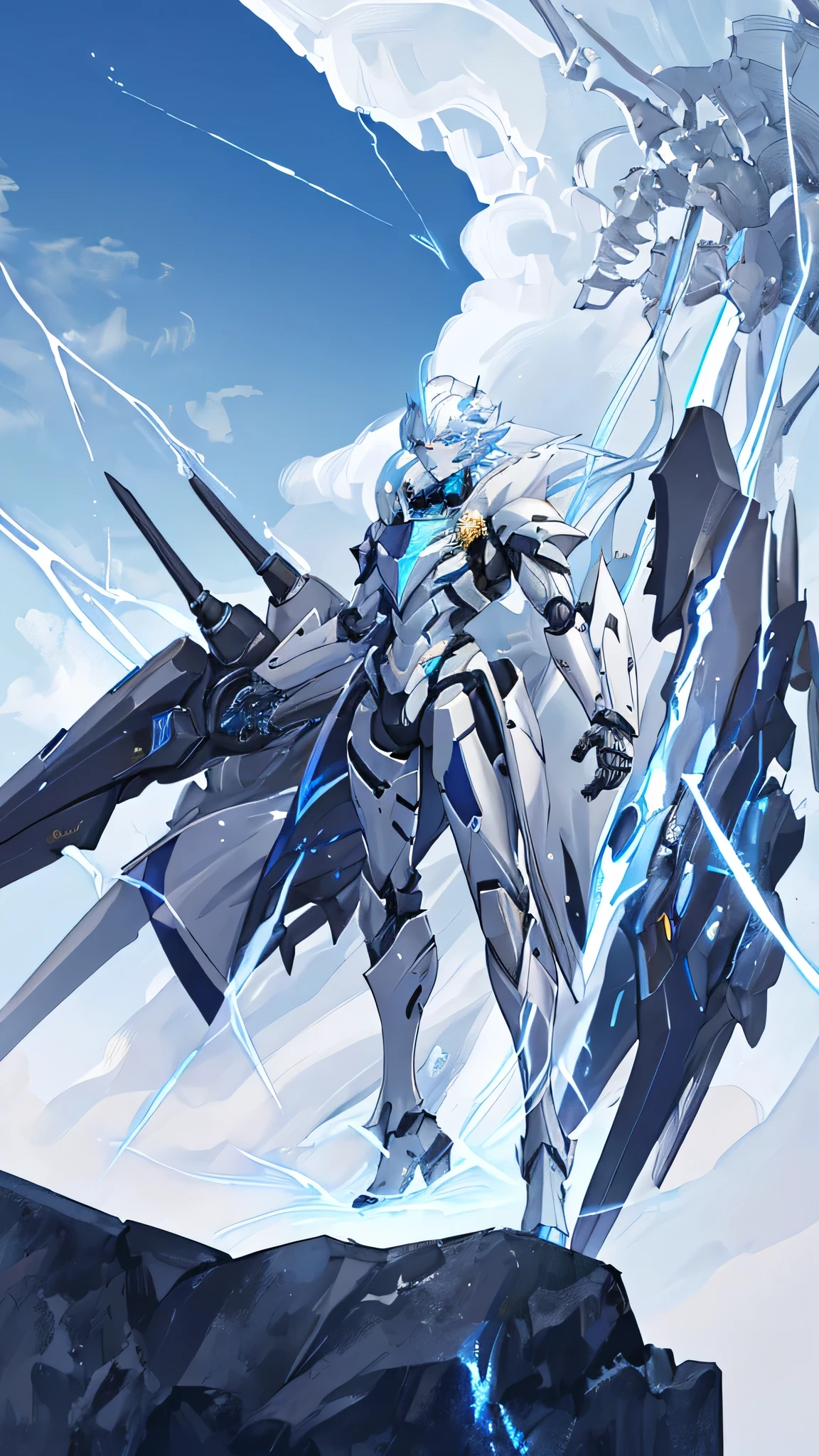 “An android robot with a humanoid form stands on a vast plain under a partly cloudy blue sky. The robot is entirely white, with a medieval aesthetic and a simple yet intricately crafted design. Its eyes emit a brilliant blue light, contrasting with the purity of its white exterior. The robot’s construction is remarkably detailed, with every contour and joint meticulously rendered. It exudes an aura of power, with lightning crackling across its body, as if harnessing the energy of the storm itself. The background sky occupies roughly two-thirds of the composition, providing a serene yet expansive backdrop for the robot’s imposing presence.”