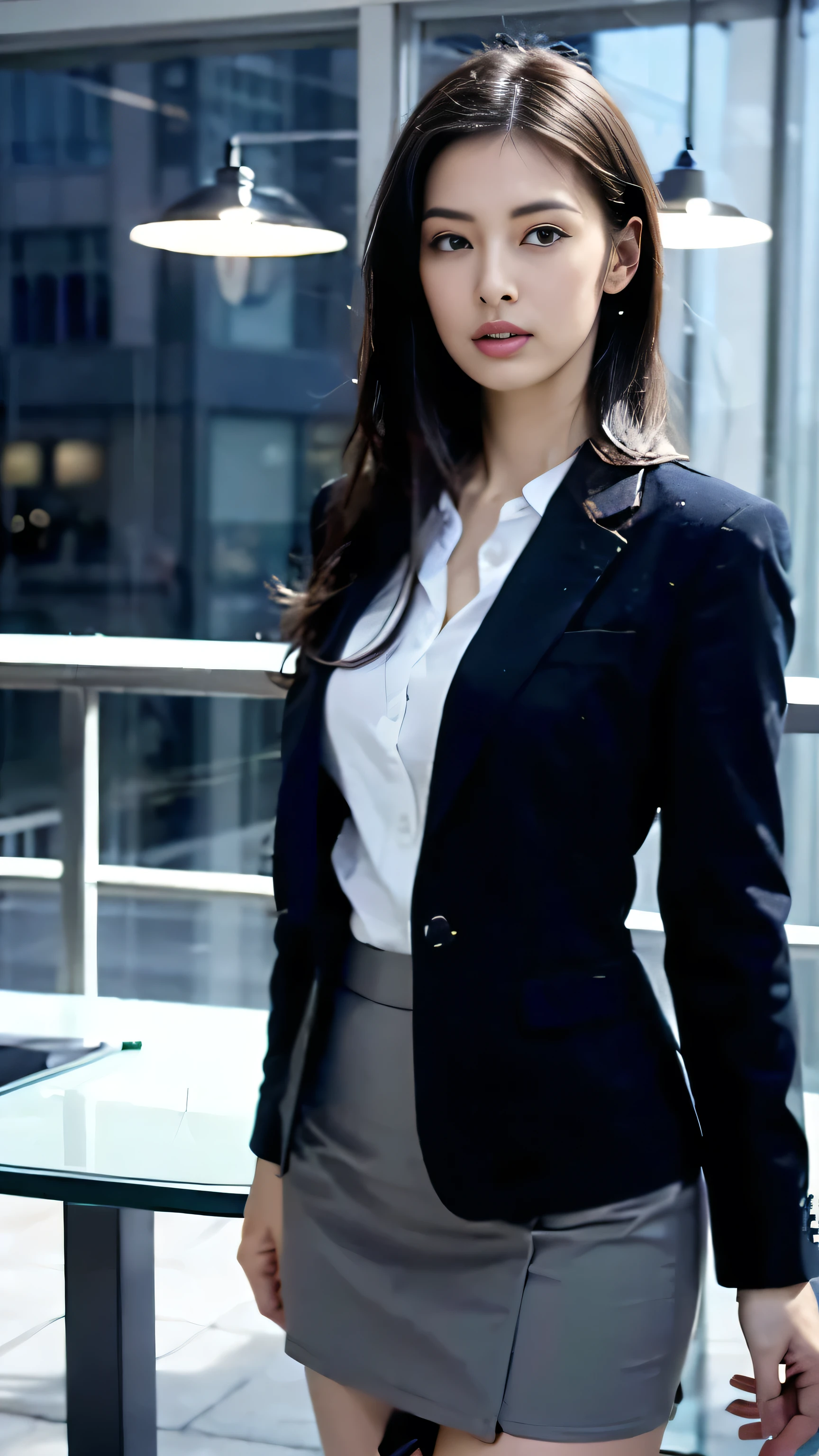 ((Tabletop:1.4, highest quality)), (Realistic photos:1.4),
((1 girl)), Shiny black hair, Hair blowing in the wind,
(超A high resolution:1.2), Very delicate and beautiful, wonderful,
Very detailed CG Unity 8k wallpaper, Very detailed, High resolution, Soft Light,
Beautiful detailed girl, Very detailedな目と顔, Beautiful and detailed nose, Fine and beautiful eyes,
(Dark blue business suit, skirt:1.4),
Cinema Lighting, Perfect Anatomy, Slender body, Long, slender legs, Was nervous,
(Glass Skyscraper:1.3), (Clear winter blue sky:1.4), (A beautiful form with an inorganic feel),
Cool look, Cowboy Shot