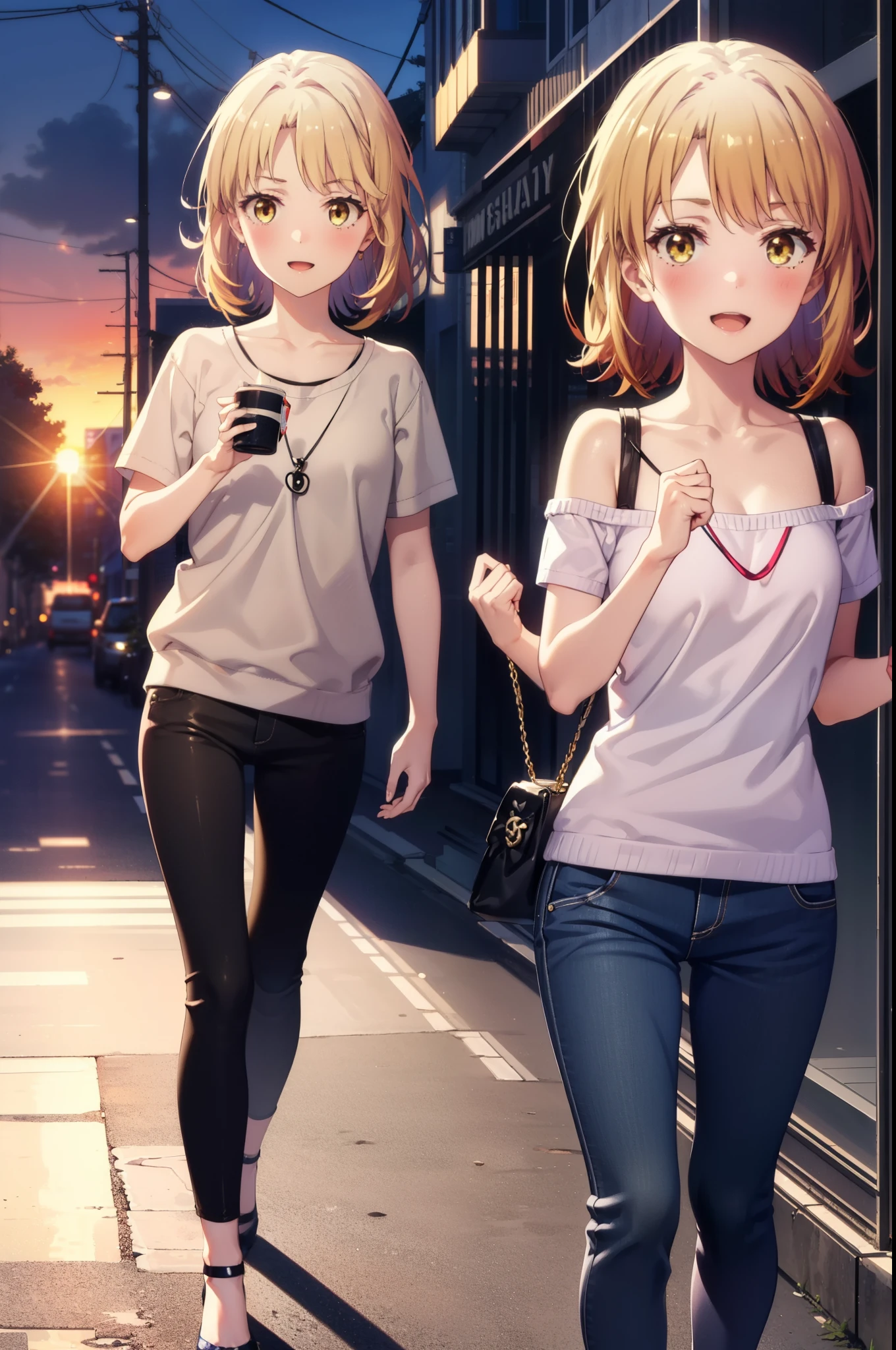 irohaisshiki, iroha isshiki, short hair, Brown Hair, (Brown eyes:1.5),happy smile, smile, Open your mouth,ponytail,short braided hair band,Cord off-shoulder top,Short sleeve,skinny pants,Stiletto heels,Sunset,evening,The sun is setting,Walking,whole bodyがイラストに入るように,Looking down from above,Holding a Chanel bag in her right hand,
break outdoors,In town,Building district,
break looking at viewer, whole body,
break (masterpiece:1.2), highest quality, High resolution, unity 8k wallpaper, (shape:0.8), (Beautiful details:1.6), Highly detailed face, Perfect lighting, Extremely detailed CG, (Perfect hands, Perfect Anatomy),