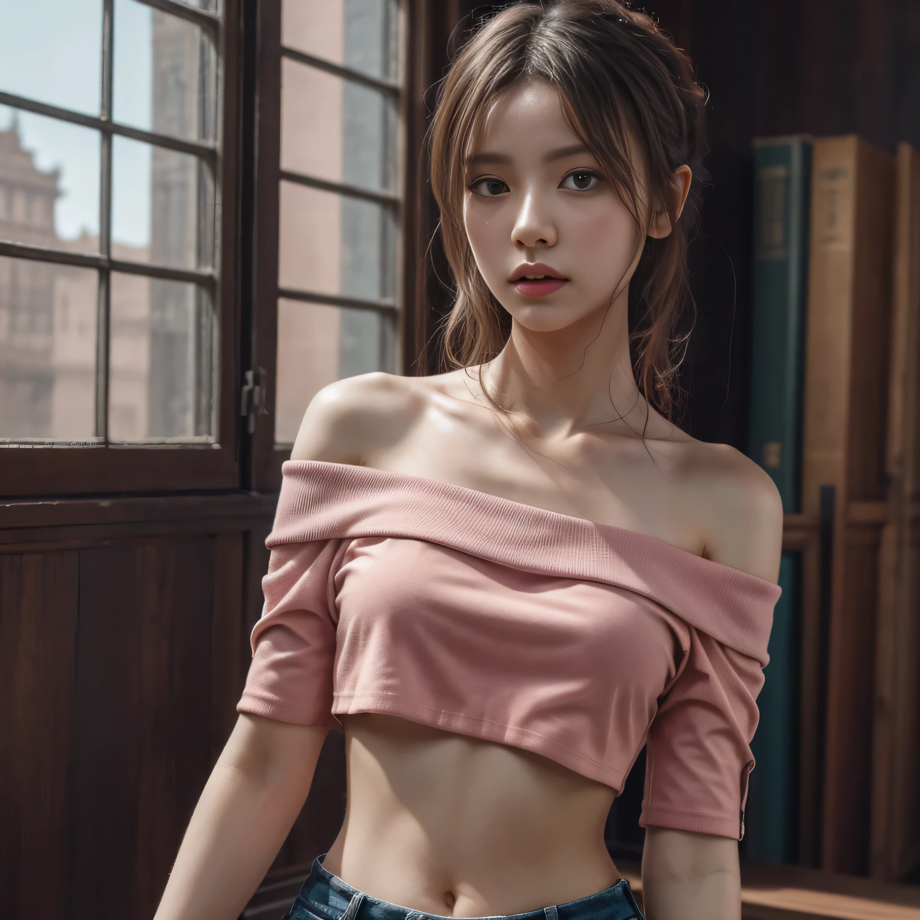 ((extreme detail)),(ultra-detailed), extremely detailed CG unity 8k wallpaper,best quality, masterpiece, emilie_t8, off shoulder, pink crop top,