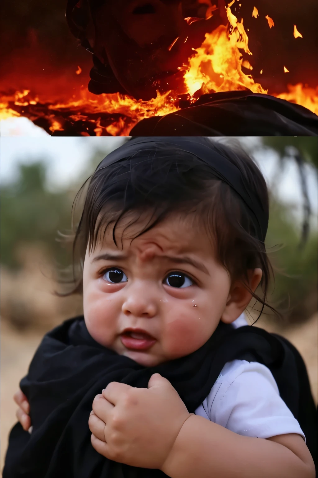 Palestine baby crying with blood with back full of fire full destroyed village atttacked by Israel soldiers